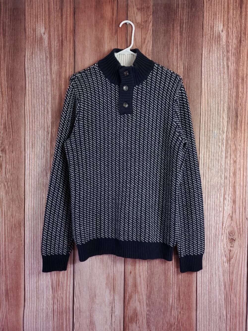 NWT Old Navy Sweater Mens Medium Mock Neck Button Blue White Birdseye Pullover